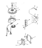 Маховик, распределительная коробка, катушка зажигания и статор 2-Х ТАКТНОГО ПЛМ MERCURY 50EO Серийный номер от 0B122930 до 0D000749